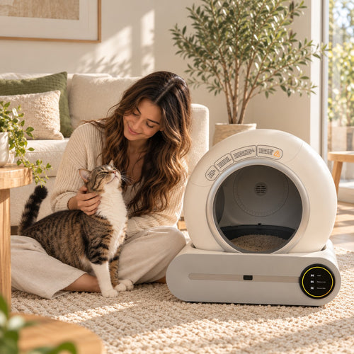 Woman petting her tabby cat next to the LitterLux self-cleaning litter box in a bright living room